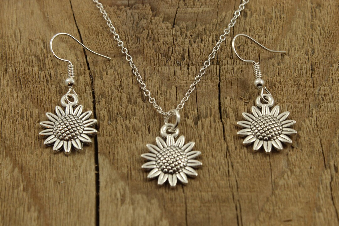 Silver Sunflower Necklace and Earring Set, Sunflower Necklace, Sunflower Earrings, Silver