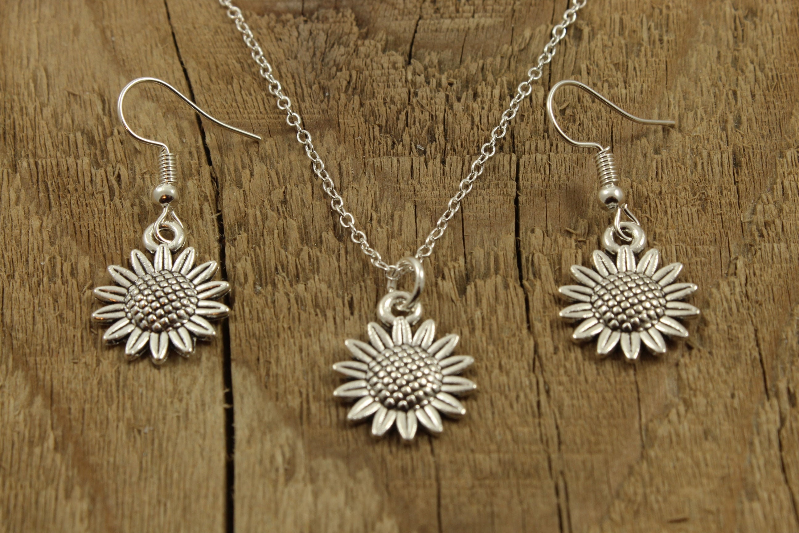 Silver sunflower necklace and earring set sunflower necklace Etsy