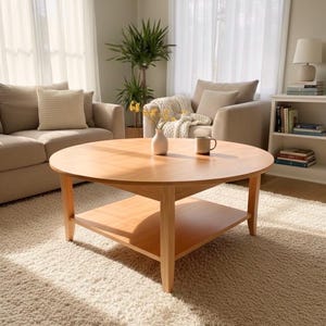 May include: A round wooden coffee table with a lower shelf. The table is light brown and sits on a cream-colored shag rug. A white vase with yellow flowers and a brown mug are on the table. The room has a neutral color scheme.