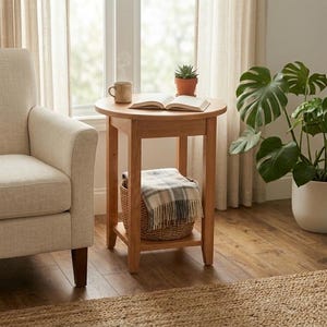 May include: A light-colored wooden side table with a round top and a lower shelf. A woven basket with a blanket sits on the shelf. A book and a mug are on the table. A potted plant and a large houseplant are nearby.