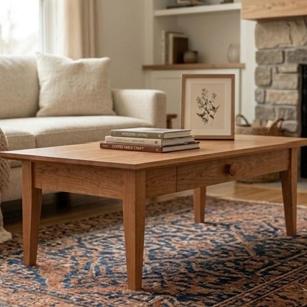 Modern Shaker Style Solid Cherry Coffee Table with Center Drawer