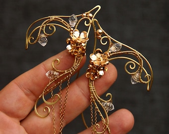 Flowers elven ears (a pair). Gold earcuffs, cosplay fantasy decoration for ears