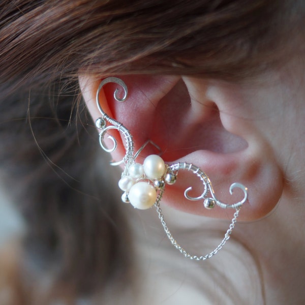 Elven earcuff, fantasy decoration for ear, pearl ear cuff