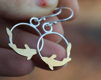 Koi Fish Animal Earrings, Mixed Metal Sterling Silver Dangle Earrings