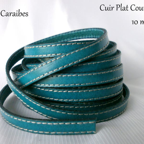 Cuir lanière plat cousus coutures vachette largeur 10 mm BLEU CARAIBES