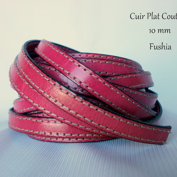 Cuir lanières plat cousus vachette largeur 10 mm Fuschia