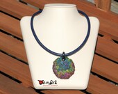 Free Shipping Handmade Unique Necklace Clay Pendant with Rainbow Color Swirls on 6 mm Dark Blue Genuine Leather Cord