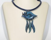 Handmade Necklace "Eye" Pendant with Blue Dalmatian Gemstone Embedded in Antique-Blue Toned Clay on Blue Leather Cord with Magnetic Clasp