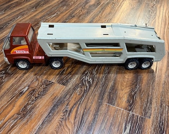 Vintage Tonka Steel Car Carrier Truck Red Orange Car Hauler Transport 28 Inch