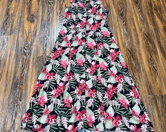 Vintage Women's Tropical Floral Button Front Maxi Dress Black Pink Size 10