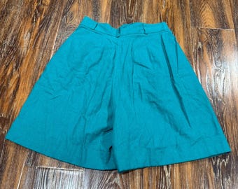 Vintage Tribal High-Waist Teal Women's Shorts Linen Cotton Blend Turquoise