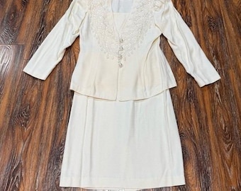 Vintage SL Fashions Cream Skirt Suit Set Lace Embroidery Pearl Button Size 10