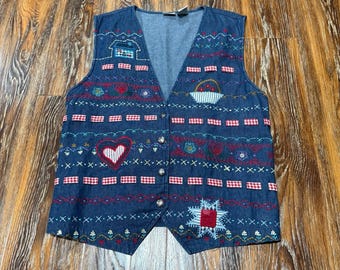 Napa Valley Denim Embroidered Vest Cottagecore Patchwork Folk 90s Boho Womens XL