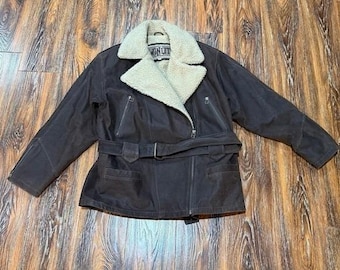 Winlit Vintage Womens Brown Leather Sherpa Lined Belted Moto Jacket Size L