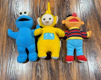 Vintage Sesame Street Cookie Monster Ernie & Teletubbies Laa-Laa Plush Toy Lot