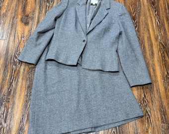 Lorch Vintage Grey Houndstooth 100% Pure Wool Skirt Suit Set Women's 14 Blazer