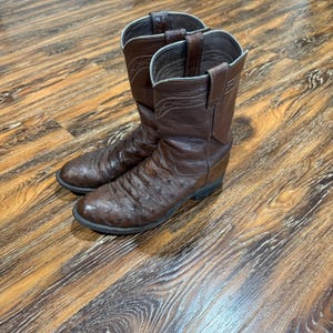 May include: A pair of dark brown leather cowboy boots featuring a textured ostrich quill pattern on the foot, smooth leather shafts with decorative stitching, pull tabs at the top, rounded toes, and low stacked heels with dark outsoles.