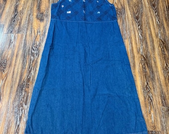Koret City Blues Vintage Denim Maxi Dress XL Embroidered Pintuck Jumper Blue
