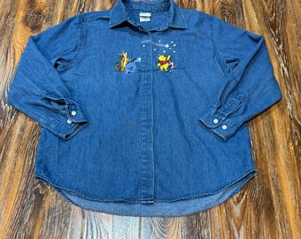 Vintage Disney Store Winnie the Pooh Embroidered Denim Shirt Blue L 90s Women's