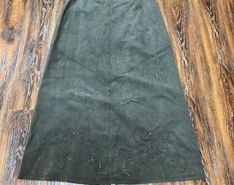Vintage Olive Green Suede Leather Midi Skirt Eyelet Hem Women's 14 Boho Western