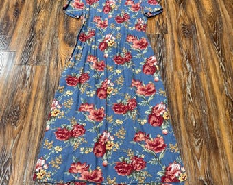 Vintage 90s Jessica Howard Blue Floral Pleated Linen Maxi Dress Women's Size 8 M