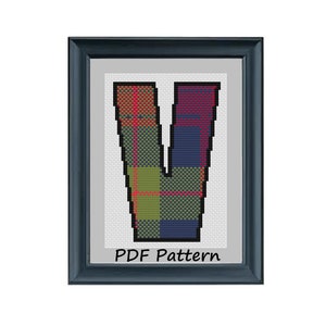 Padrão de xadrez xadrez azul e vermelho letra V em ponto cruz, download digital instantâneo