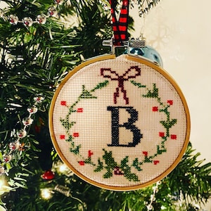 Monogram Christmas Ornament: Custom Cross Stitch Wreath