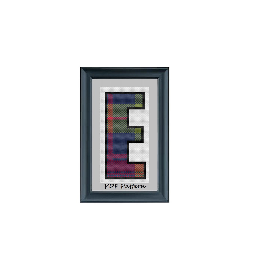 Cross Stitch Letter E Blue and Red Plaid Tartan Pattern, Instant
