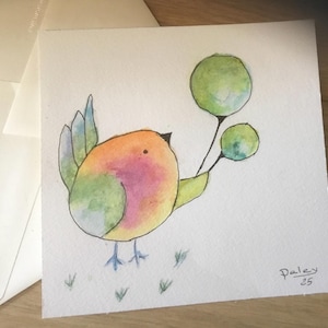 Original handmade watercolor card &quot;little bird with its balloon&quot; for birth, baptism