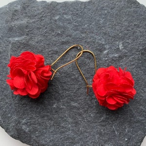 Gold and red earrings, small red ball pompom
