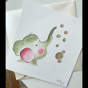 Carte aquarelle faite main originale  « petit éléphant « pour naissance, baptême