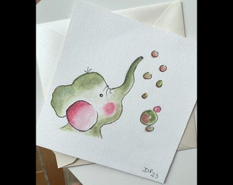 Original handmade watercolor card "little elephant" for birth, baptism
