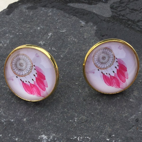 Boucles oreilles boutons - capteur rêve rose - dreamcatcher rose