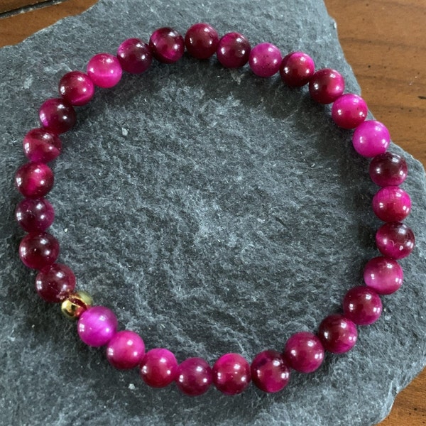 Bracelet perles agate œil de tigre  tons fuchsia rose violet