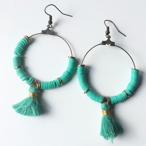 Bronze and green hoop earrings - green heishi beads