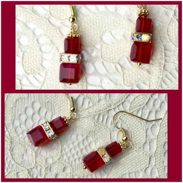 Boucles oreilles cubes cristal Swarovski rouge siam, intercalaires dorés strass