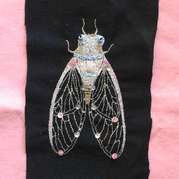 Cute Cicada Bug Insect Hand Embroidered Handmade Pastel Holographic Sequin and Beads Patch