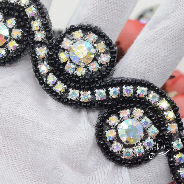 bridal costume sew on Black AB rhinestone beaded trim applique Silver x 1 yard