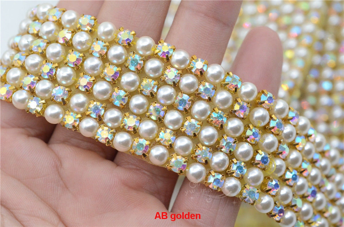 3/6row Crystal Rhinestone Beaded Pearls Trim Applique Iron on Bridal Sew on  1yard DIY Clothes Dress Crafts -  UK