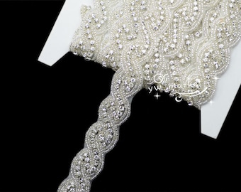1 Yard crystal rhinestone beaded trim applique Iron on bridal costume sew on A8016