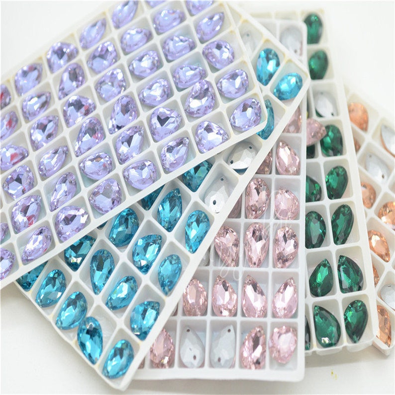 10x14mm 2 Holes Color Glass TearDrop Sew on Stones Crystal Rhinestone Costumes DIY 48pcs