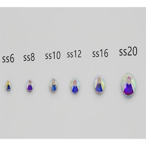 May include: A size comparison chart of clear iridescent rhinestones, labeled from smallest to largest: ss6, ss8, ss10, ss12, ss16, ss20.