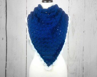 Granny Triangle Wrap/Shawl/Scarf Adult Women/Ladies, Blue with White Sparkle Shell Trim Crocheted | Gifts for Mom, Sister, Friend