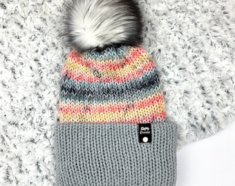 City Beat Gray, Peach, and Yellow Fold-Up Brim Beanie with Faux Fur Pom | Knit Beanie | Winter Hat | Double Brim | Wide Fold Up Brim Pom Hat