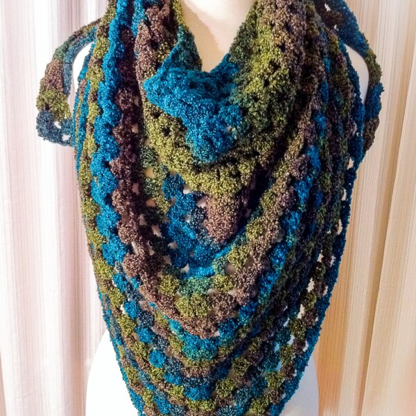 Granny Triangle Wrap/Shawl/Scarf Adult Women Turquoise-Teal-Blue-Green-Brown Crocheted Boucle Yarn