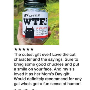 Puede incluir: Un frasco de vidrio transparente con tapa negra y una etiqueta blanca que dice MY LITTLE WTF? JAR. La etiqueta incluye una ilustraci&oacute;n de un gato negro y el texto 60 affirmations for those days you have absolutely no more f*cks to give.