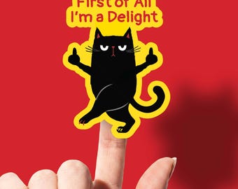Funny Black Cat Delight Sticker for Laptop Kitty Vinyl Water Bottle Decor Snarky Gift WTF Pussycat Water Resistant Cell Phone Case Under 5