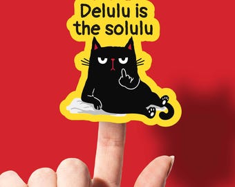 Funny Black Cat Delulu Sticker for Laptop Kitty Vinyl Water Bottle Decor Snarky Gift WTF Pussycat Water Resistant Cell Phone Case Under 5