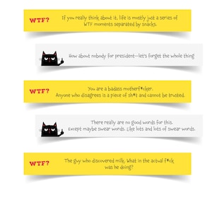 Puede incluir: Un conjunto de seis pegatinas rectangulares con esquinas redondeadas, alternando fondos amarillos y blancos. Las pegatinas presentan texto negro con citas humor&iacute;sticas y c&iacute;nicas e ilustraciones de un gato negro haciendo una peineta.