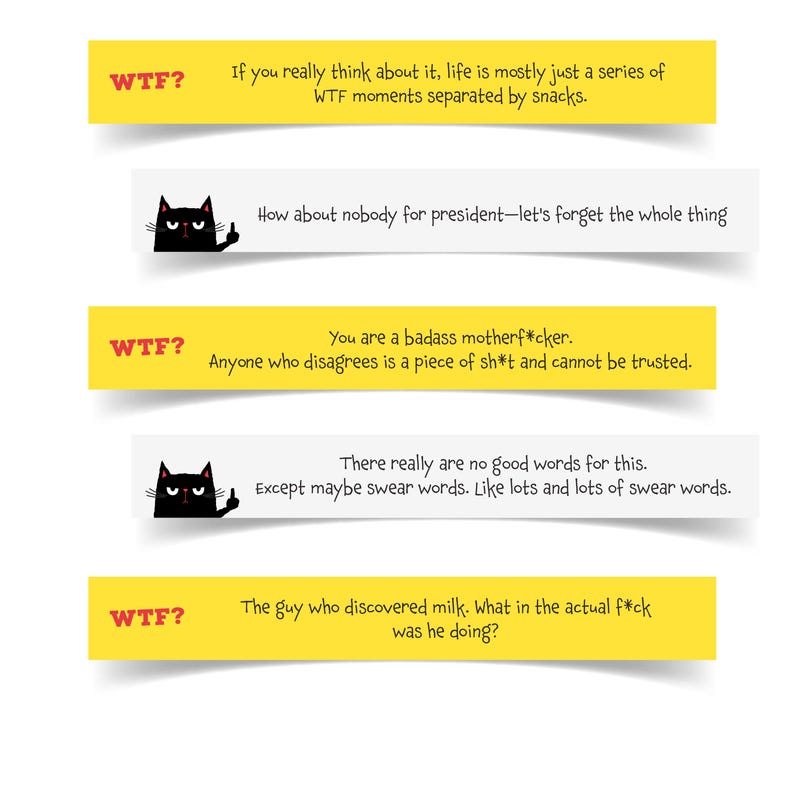 Puede incluir: Un conjunto de seis pegatinas rectangulares con esquinas redondeadas, alternando fondos amarillos y blancos. Las pegatinas presentan texto negro con citas humor&iacute;sticas y c&iacute;nicas e ilustraciones de un gato negro haciendo una peineta.